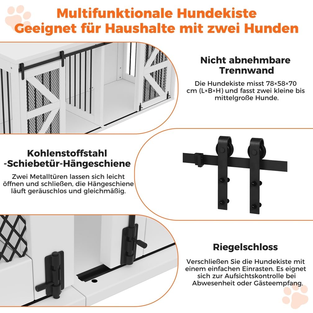 Hundeschrank mit Scheunentor-Tür, 160 x 60 x 75 cm Hundebox Möbel | Indoor-Hundehaus aus Metall und Faserplatte für Zwei Hunde, mit fester mittlerer Trennwand, mit Schiebetüren, Weiß