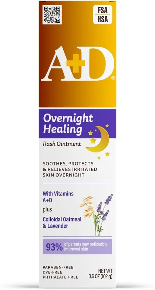 A+D Overnight Healing Diaper Rash Ointment - Soothes, Protects &amp; Relieves Diaper Rash Overnight with Lavender &amp; Colloidal Oatmeal - Healing Ointment for Red, Itchy, Irritated Skin - 3.6oz