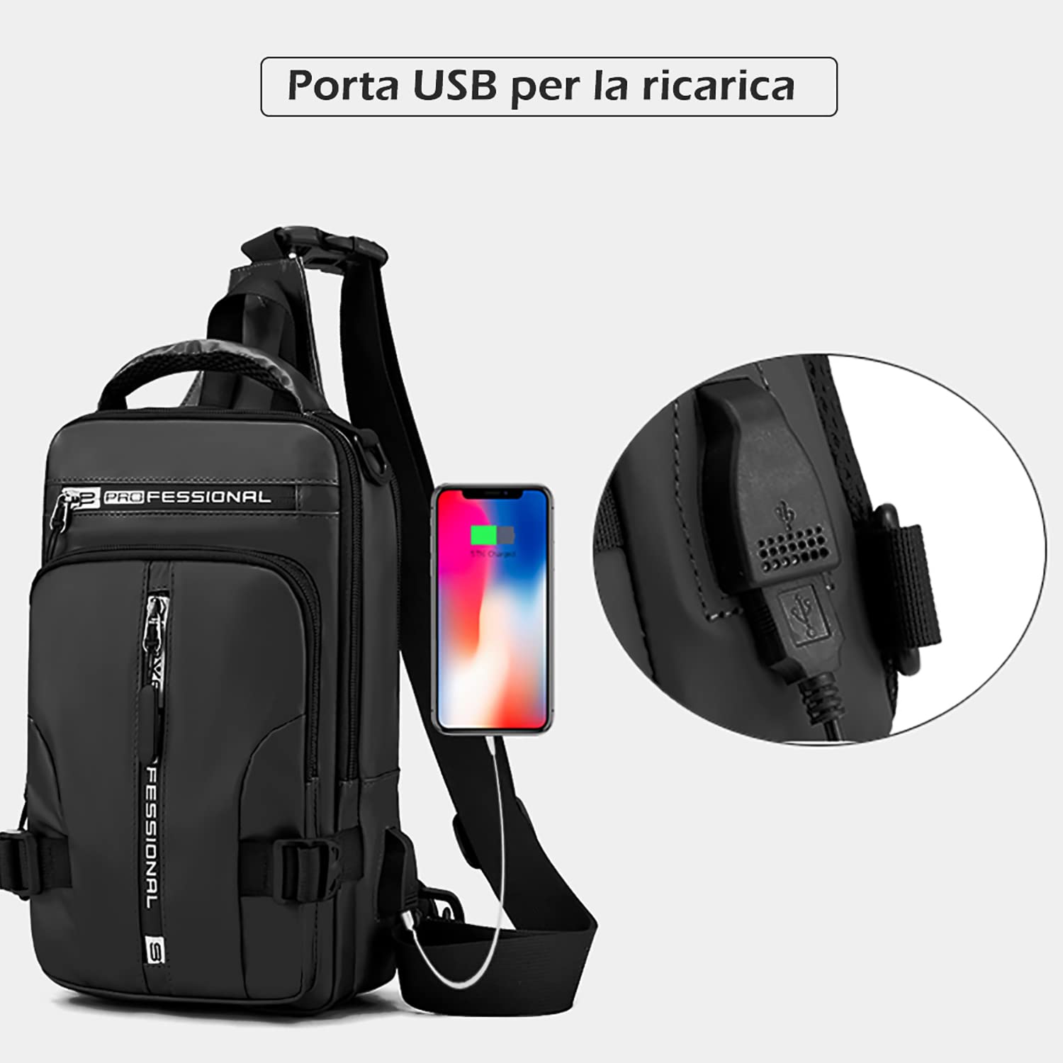 Mixroom - Zaino Monospalla Uomo Porta Tablet Zainetto Borsello a Tracolla Regolabile Con Attaco USB Z20