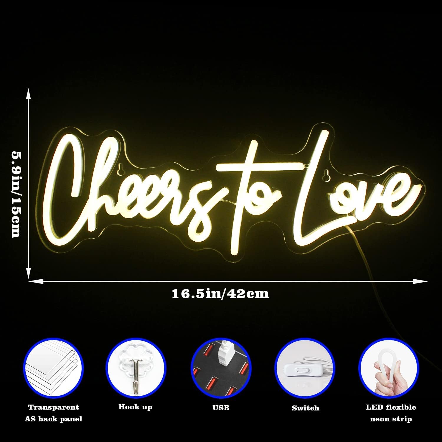 LookLight Cheers to Love Neonschild Warmweißes LED-Leuchtreklame Hochzeit Leuchtreklame USB Acrylic Brief Cheers Leuchtschild für Schlafzimmer Hochzeit Verlobungsfeier Dekoration
