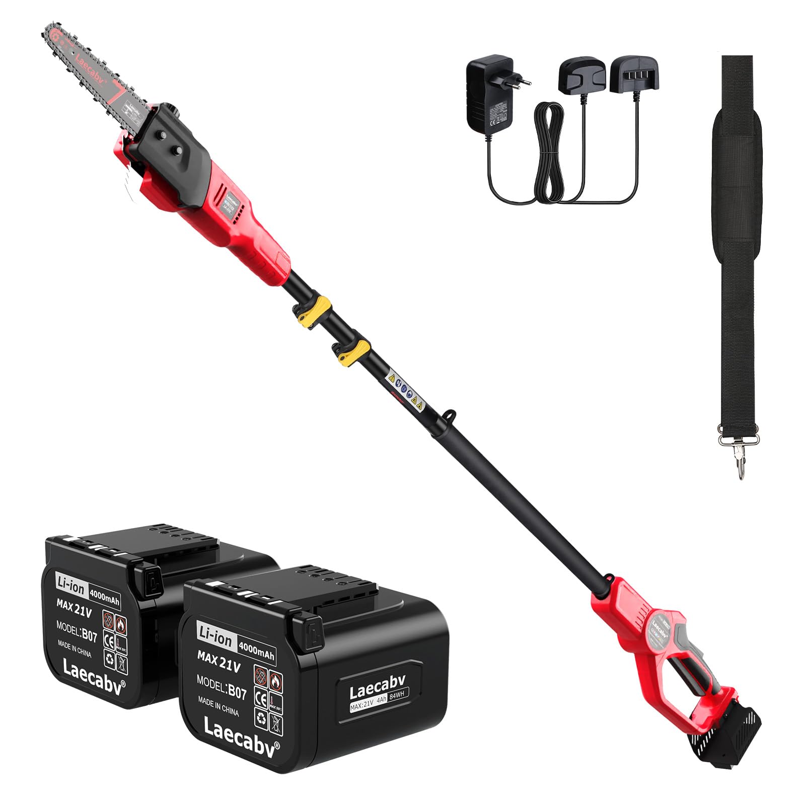 Laecabv Podadora telescópica, sierra de barra telescópica, sierra podadora eléctrica, batería 21 V 4 Ah y cargador, diámetro de corte 18 cm, velocidad de la cadena 8 m/s, autolubricante, ampliable