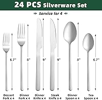 Vista 2 de Juego de cubiertos de 24 piezas con cuchillos para carne, juego de cubiertos de acero inoxidable para 4, juego de cubiertos de grado alimenticio