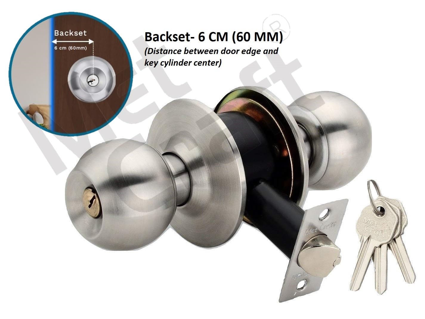 Room Door Knob Lock - with 3 Brass Key Cylindrical Lock for Bedroom/Main Door/Tubular Door Knob/Handle (Silver Matt, 60 mm Backset) — Amazon image 2