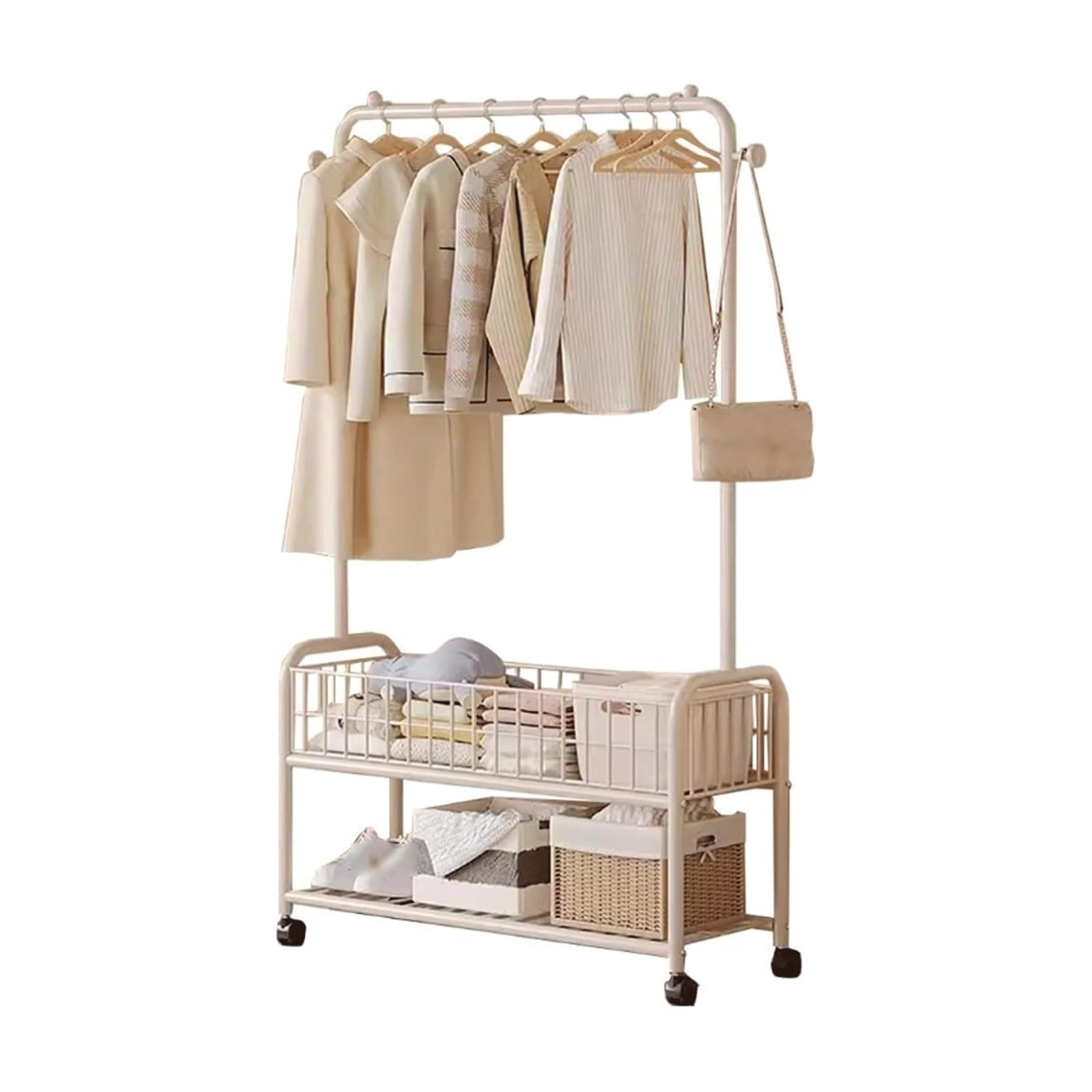 Rollender Kleiderständer aus Metall mit Rollen | Wäschekorb & Sto Korb | Vielseitiger Kleiderständer für Flur Waschküche oder Schlafzimmer | Drahtgestell Design