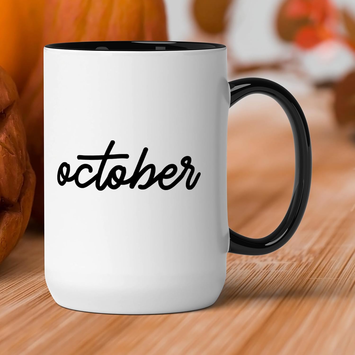 GotPrint October Spooky Ghost Season Mug, Pumpkin Mugs, Halloween Theme Ceramic Coffee Cup, Autumn Spooky Gifts for Coffee & Tea Lovers, Black Trim, 15oz