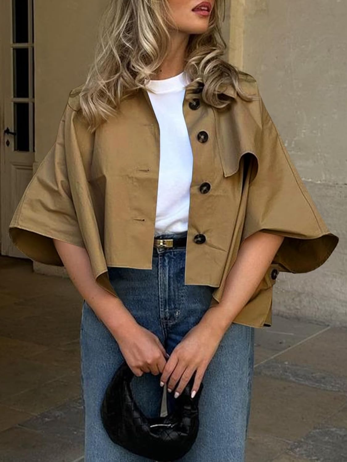 Cicy Bell Womens Oversized Cropped Trench Coats Single Breasted 3/4 Cape Sleeve Trendy Casual Jackets Button up Outerwear - Image 4