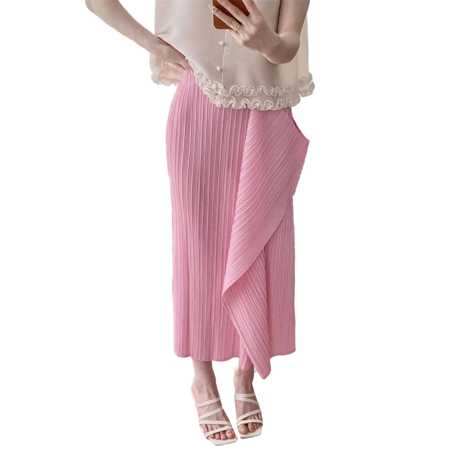 Falda Midi Irregular con Volantes Plisados, Cintura Alta, línea A y fluida para Mujer Black Mediano