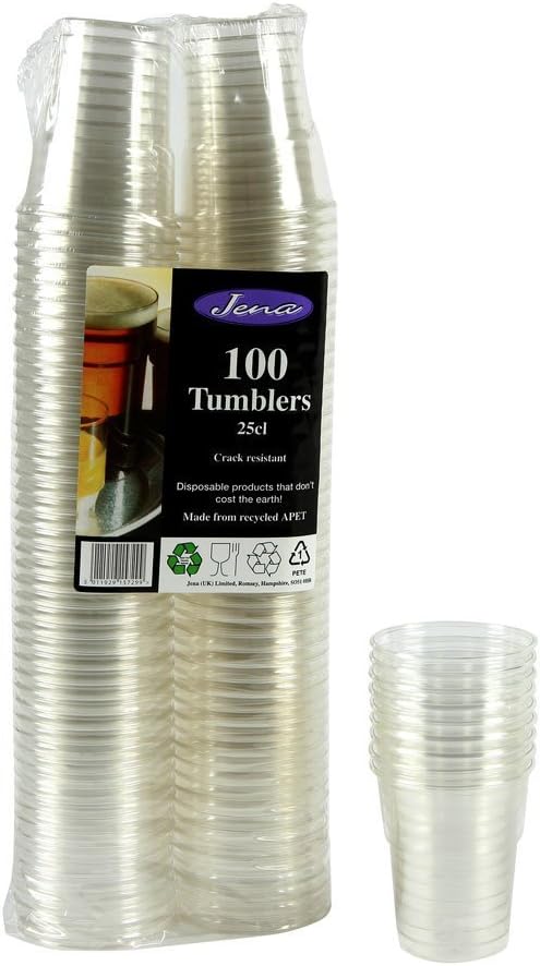 Jena JENA0-Disposable Cup-100pk 250ml/500ml Strong Plastic Tumblers (250 ml), Transparent