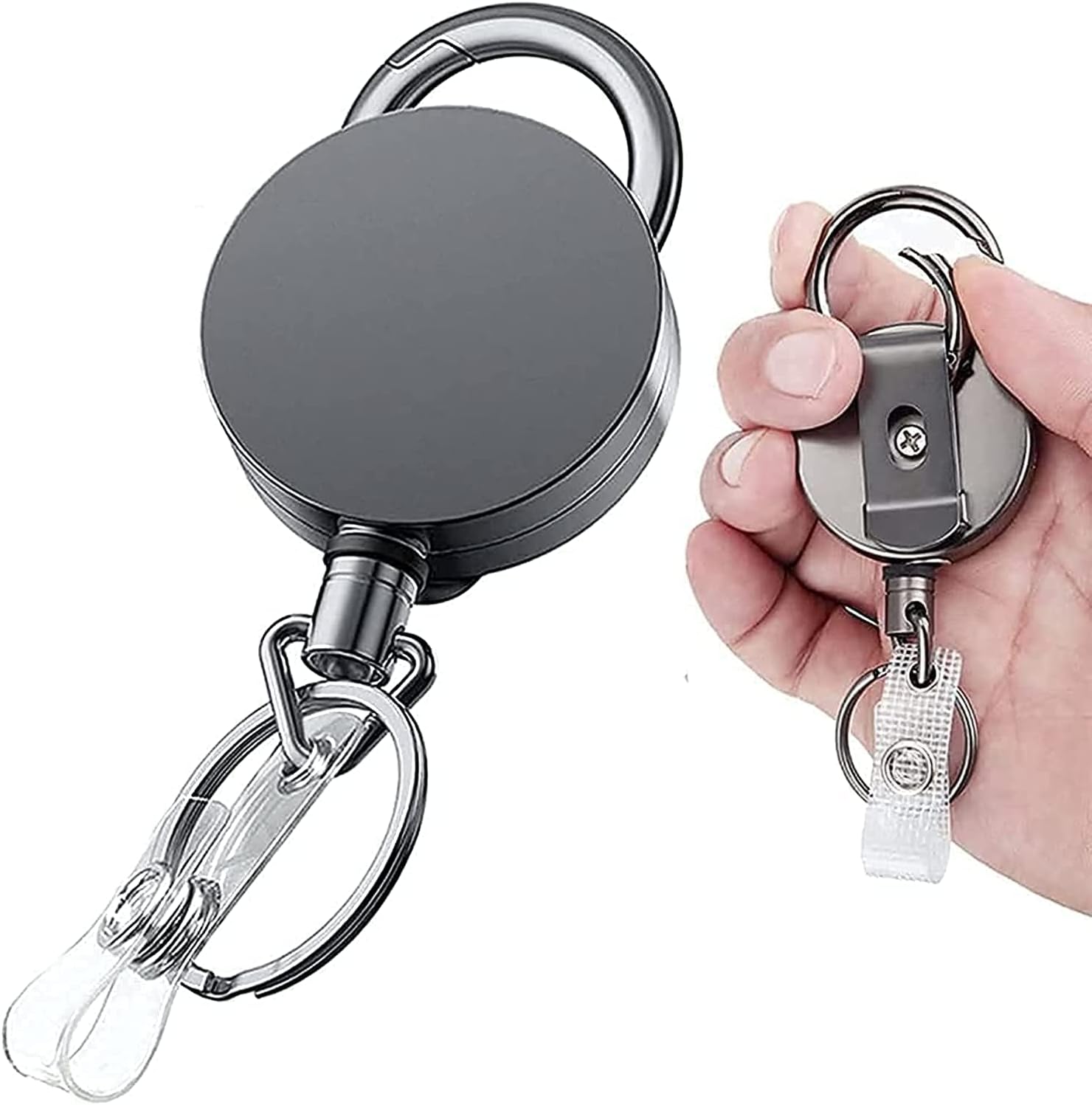 Coocicyi Retractable Badge Holder Heavy Duty Badge Reels ID Holder, Badge Holder with Belt Clip Key Ring for Name Card Keychain 2 Pack [All Metal Casing, 27.5” Steel Wire Cord, Reinforced ID Strap]