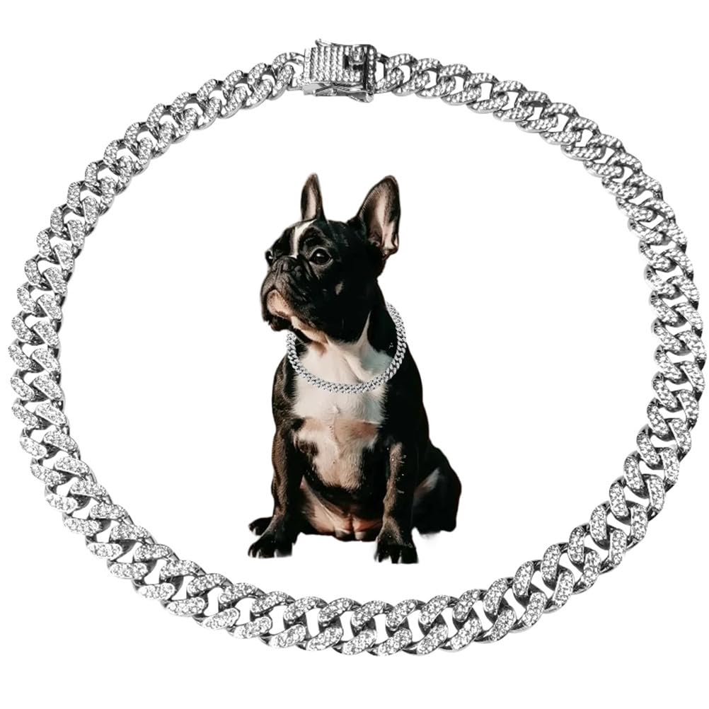 Silver XXS Dog Cuban Link Chain,Dog Chain Bling Necklaces Cats Metal Crystal Sparkly Diamond Rhinestone Puppy Chain Collars for Small Medium Large