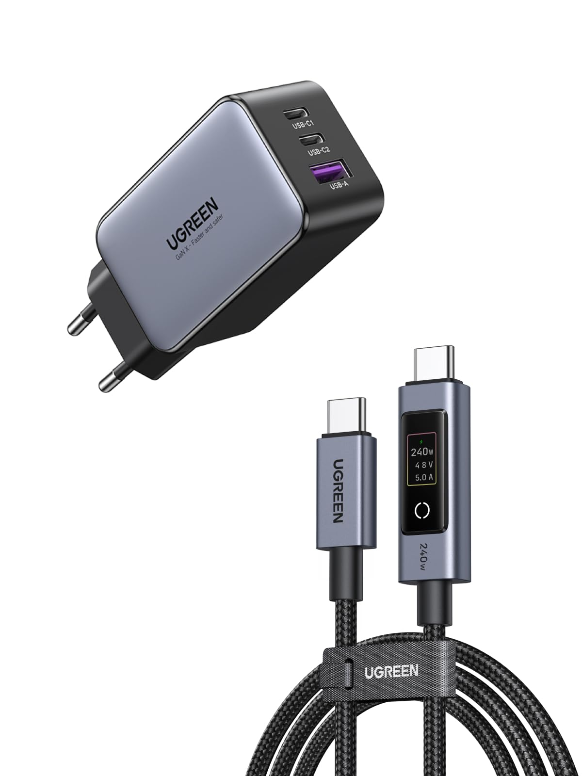 UGREEN Nexode 65W Caricatore USB C Ricarica Rapida Alimentatore (Nero) con UGREEN Nexode Cavo USB C PD 3.1 240W con Display Digitale a LED (2M)