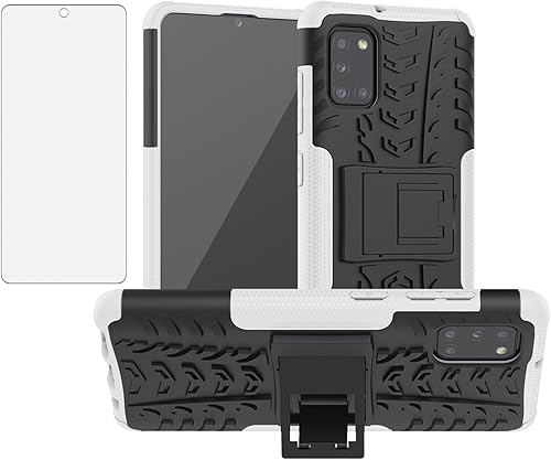 Asuwish Funda de teléfono para Samsung Galaxy A31 con protector de pantalla de vidrio templado y soporte delgado, híbrida, resistente, funda
