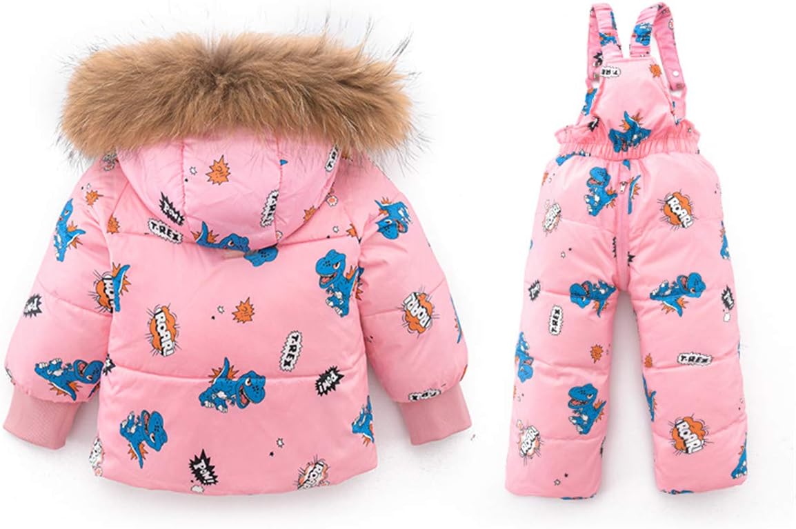 Baby Girls Two Piece Winter Warm Fur Trim Hooded Cute Dinosaur Puffer Down Jacket with Ski Bib Pants Snowsuit