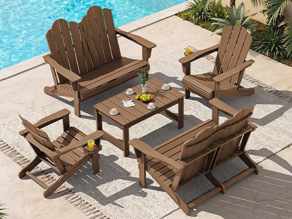Image of SERWALL 5-Pc HDPE Adirondack Set, 2 Chairs, 2 Benches&1 Coffee Table, Brown
