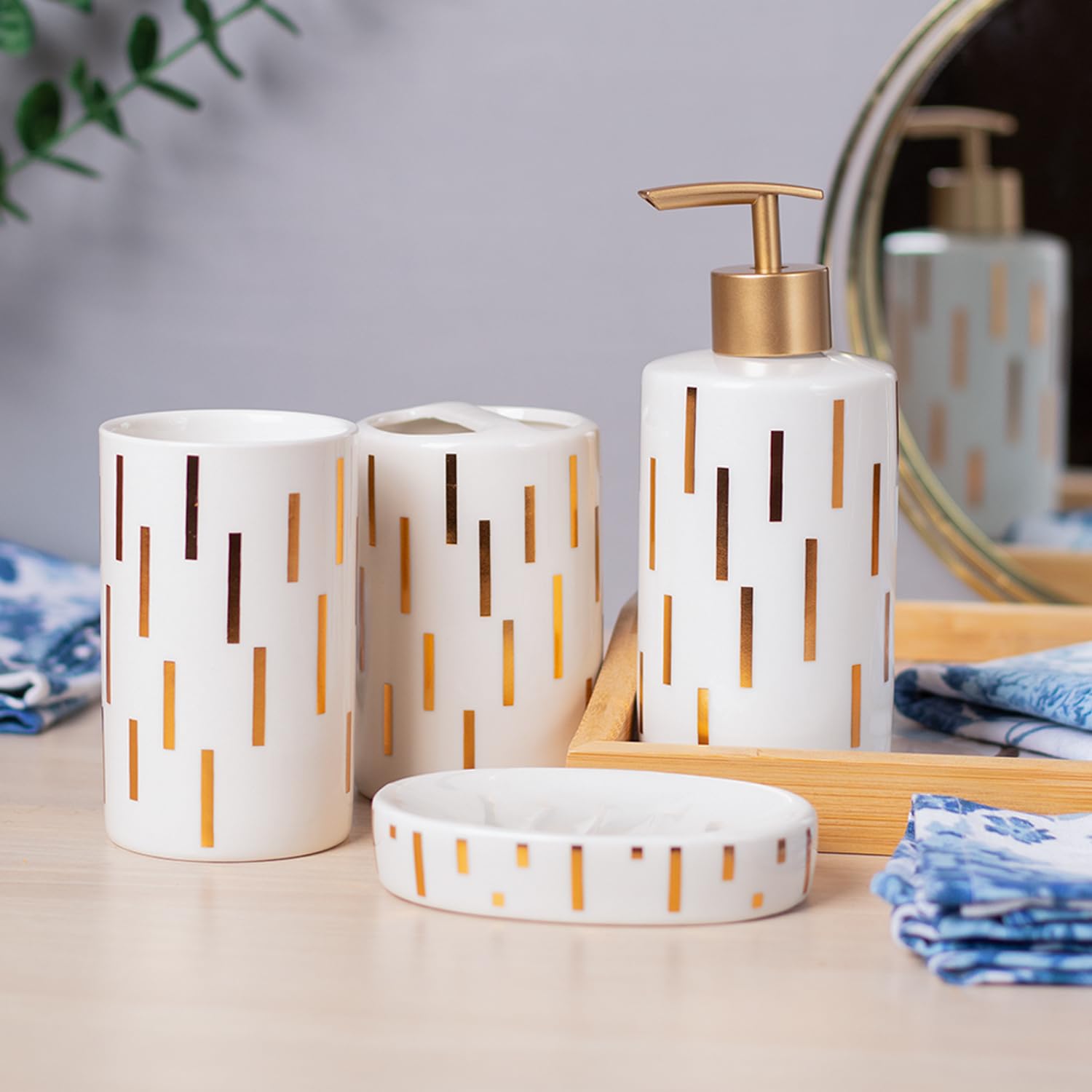 Market99 Off White Ceramic Bathroom Set of 4 - Straight Lines, Bath Accessories Modern Bath Set, Luxury Gift Accessory for Home, Bathroom Décor and Home Gift Set-Luxury Bath Accessories Set of 4 (B0C8HVL79N) Amazon Price History, Amazon Price Tracker
