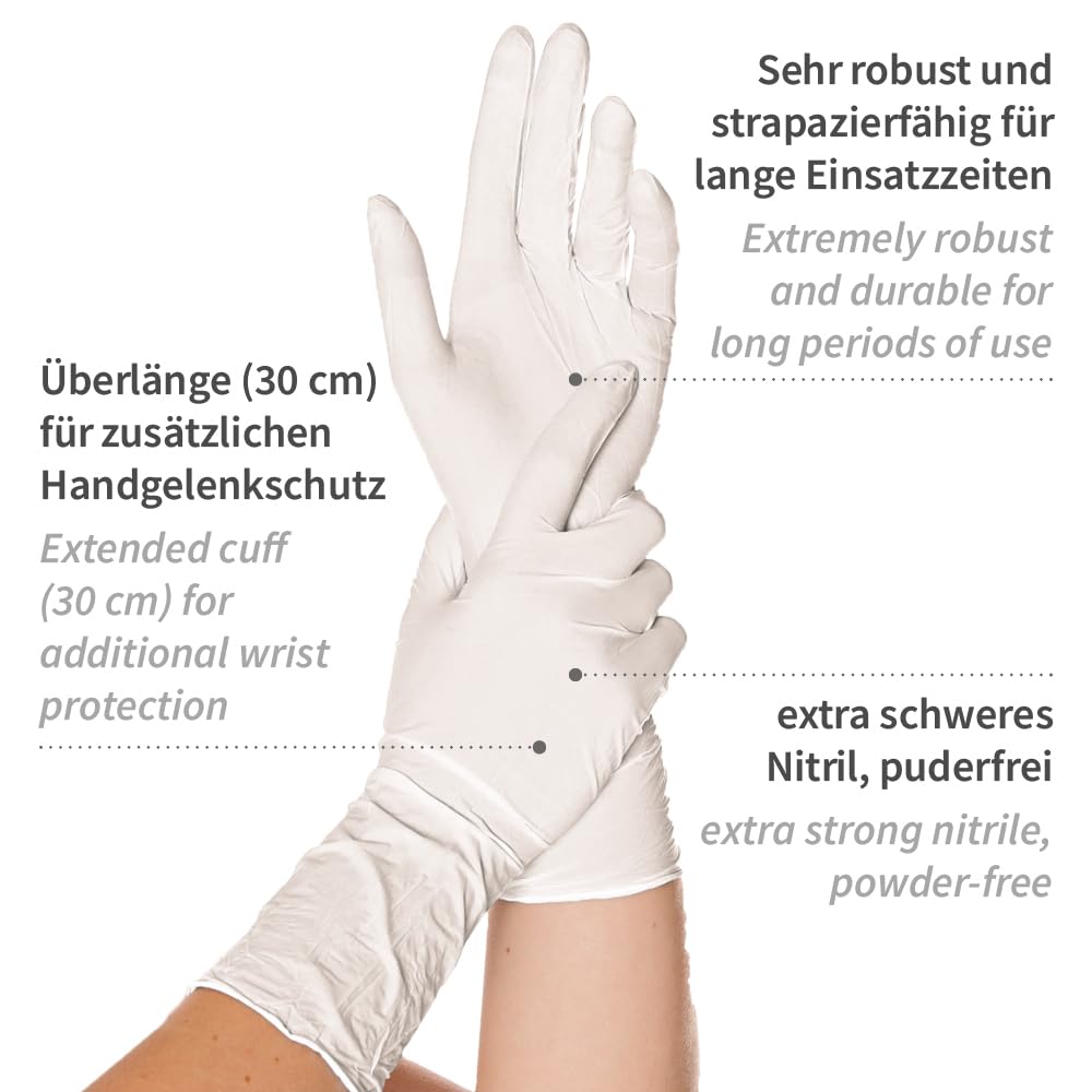 FRANZ MENSCH 1000 Stück Hygonorm Nitrilhandschuhe Safe Long Light | puderfrei, weiß, 10/XL, L: 30cm, Karton, Einmalhandschuhe, Nitrilhandschuhe, Gummihandschuhe, Einweghandschuhe