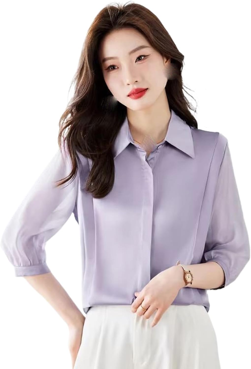 Women's Elegant Office Lady Solid Blouse Summer Loose Casual Simple Top Shirt Chiffon Blouse