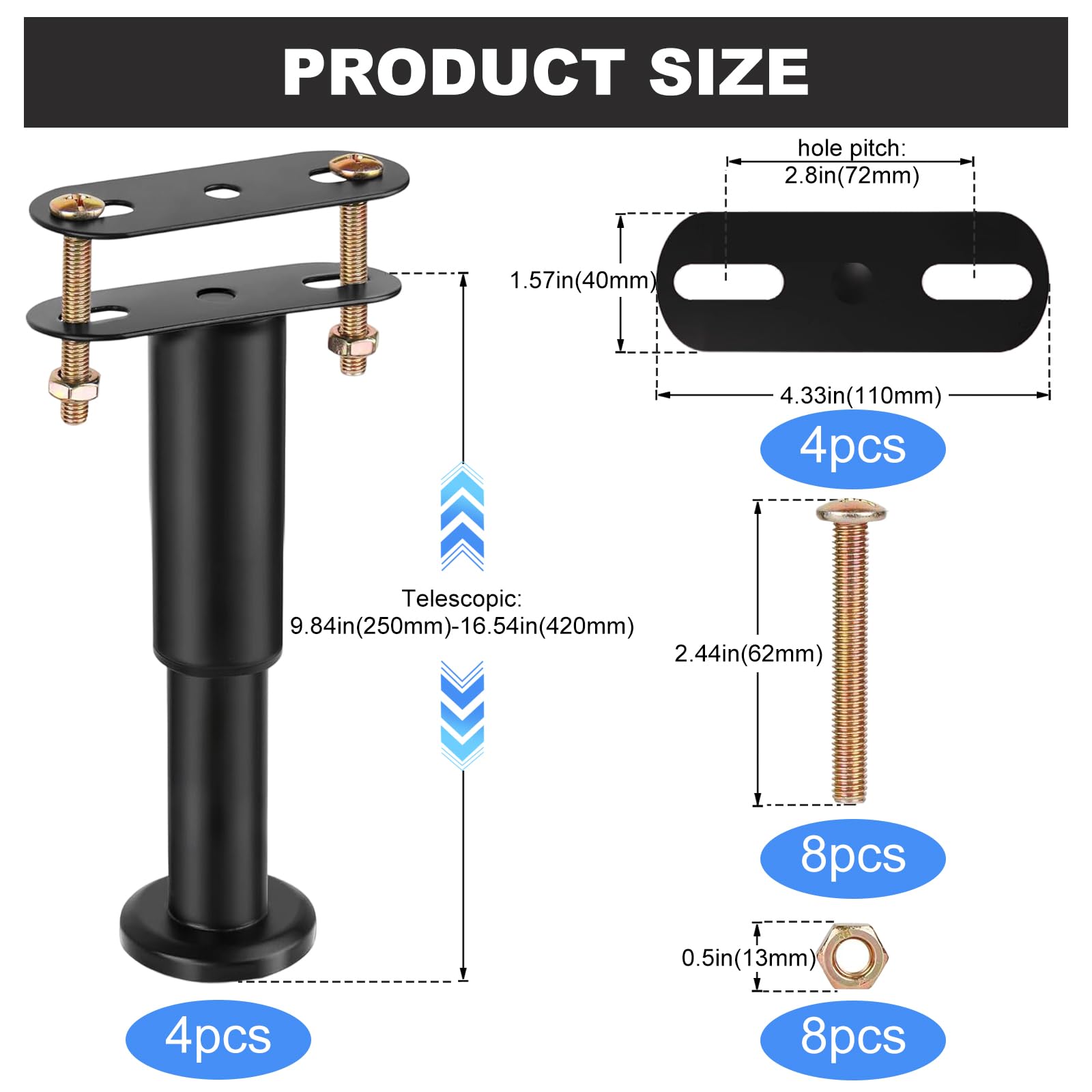 4PCS Adjustable Height Bed Support Legs, 25-42cm Bed Slats Support Legs - Image 2