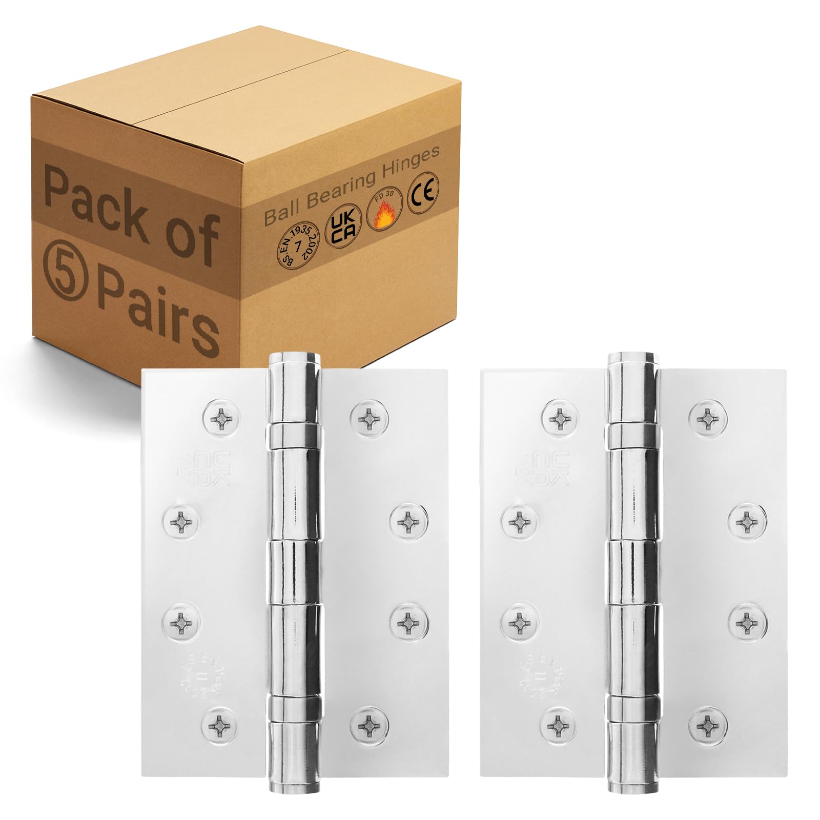 EAI Chrome Door Hinges | 4 Inch / 102mm Polished Chrome Internal Fire Door Hinges | 5 Pairs