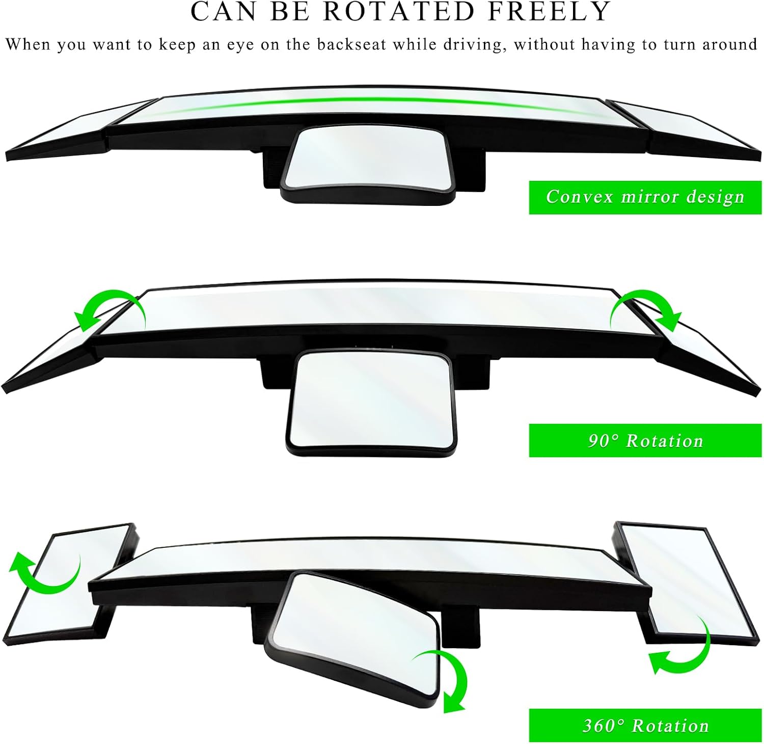 15" Rear View Mirror with Baby Mirror, Panoramic Anti-Glare Wide Angle Convex Rearview Mirror, Vehicle Interior Clip-on Rear View Baby Mirror Extender Reduce Blind Spot