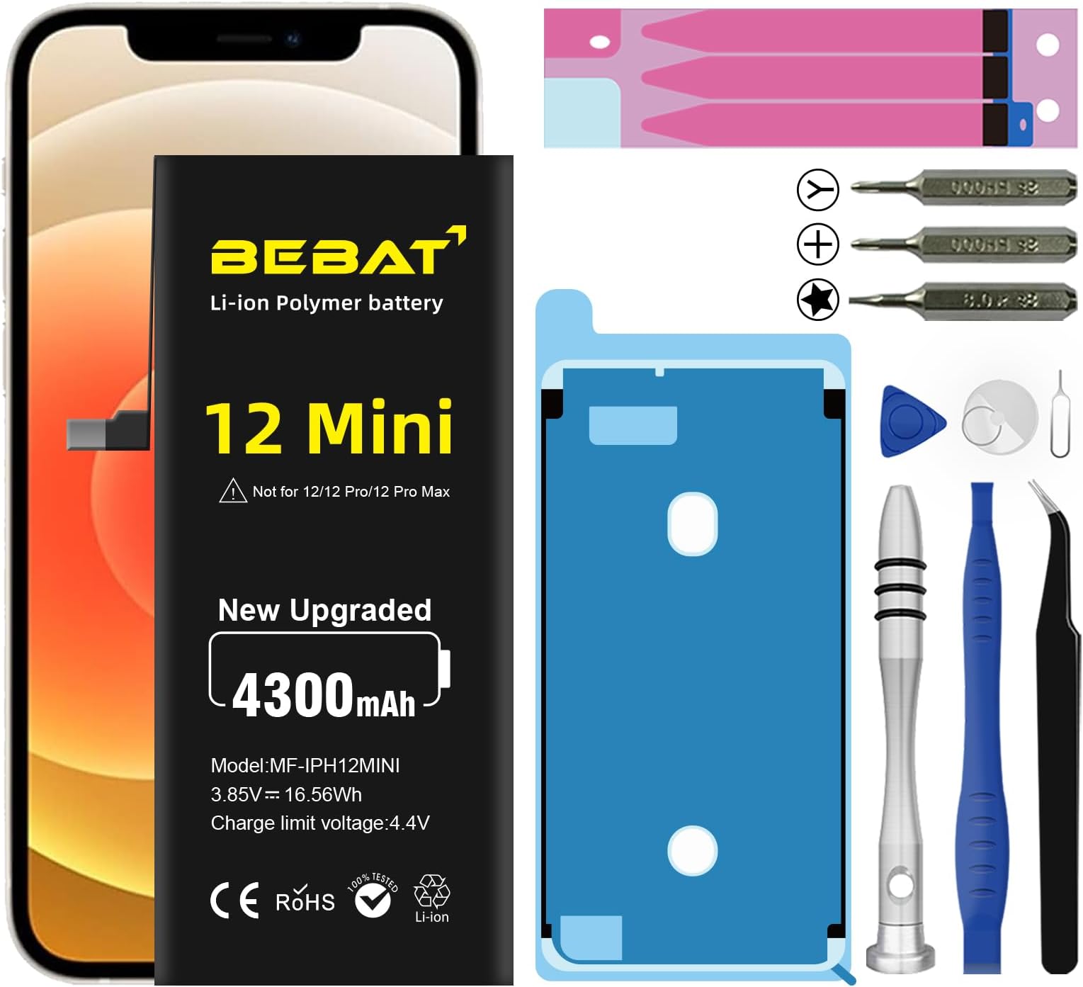 Replacement for iPhone 12 MINI Battery, 4300mAh High Capacity Li-ion Polymer Replacement Battery for Model A2399 A2400 A2398 A2176 with Professional Repair Tool Kits