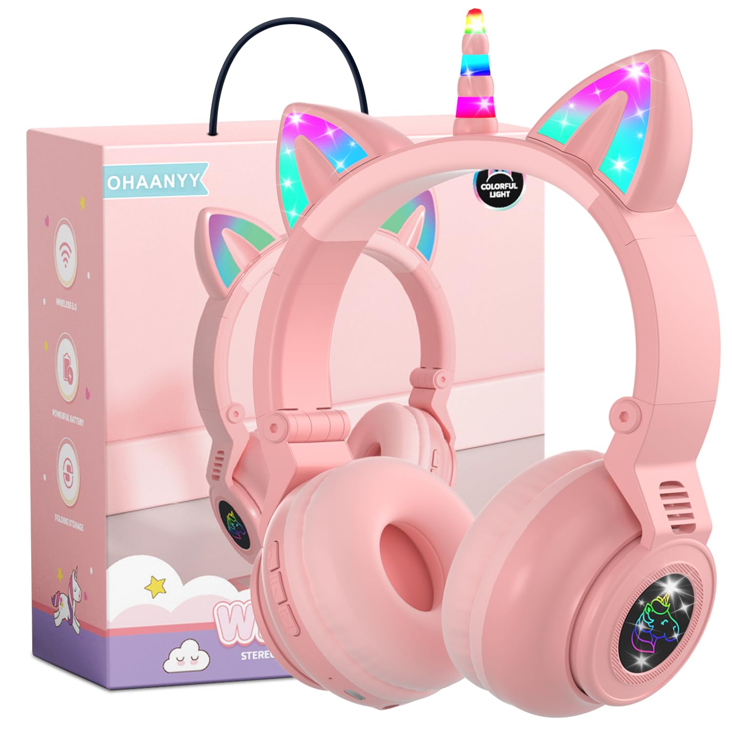Cuffie Bluetooth per bambini, pieghevoli, senza fili, con cavo e microfono, controllo del volume, design ispirato all'unicorno, regalo di compleanno e Natale (rosa)