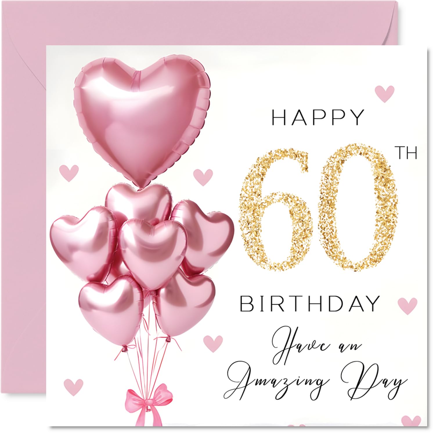 60th Birthday Cards for Women, Pink Glitter Balloons