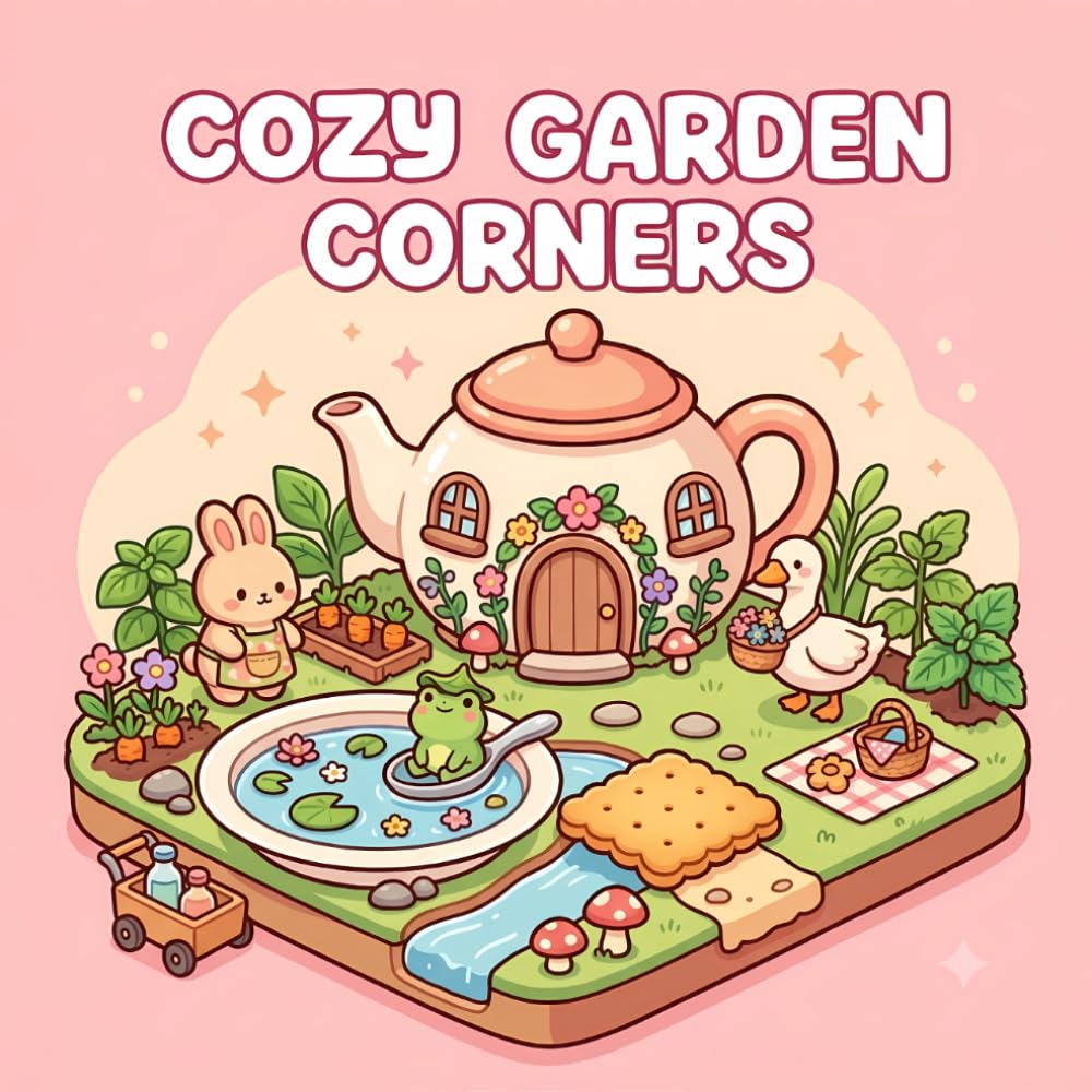 Cozy Garden Corner Coloring Book: Coloring Pages for Frog Bunny Goose Lovers, Cute Garden Corner , Plants Flowers, 8.5x8.5 inches, 101 Pages, Adorable Garden Scenes