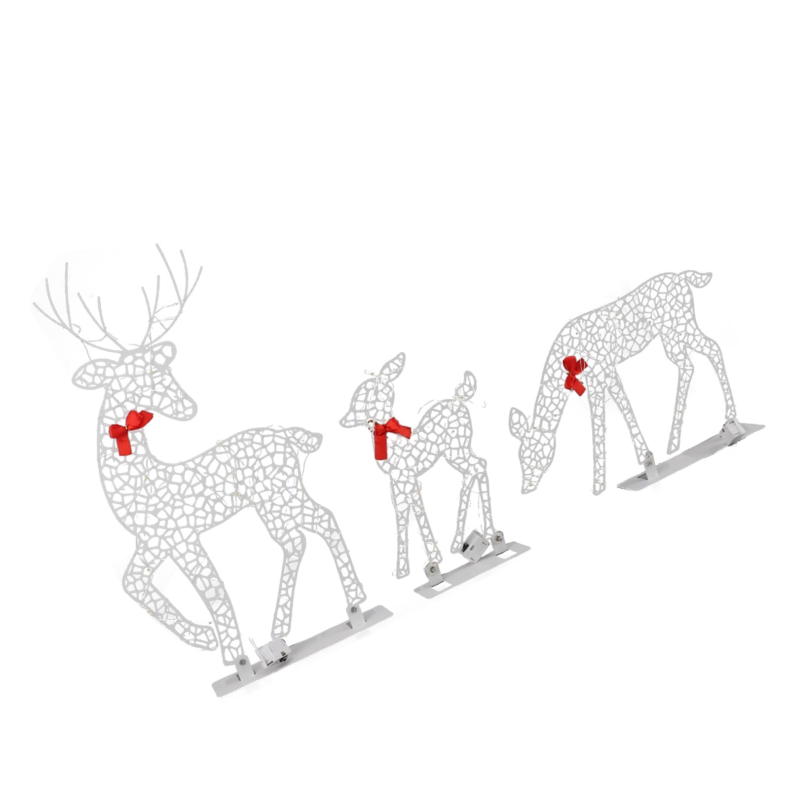 Cocoarm Decorazioni Natalizie Illuminate Cervi Ferro LED Renne Famiglia Set 3 Pezzi Bianco Caldo Decorazione da Tavolo 3D con Fiocchi Rossi e Campanelli per Interni Ed Esterni Portico Giardino