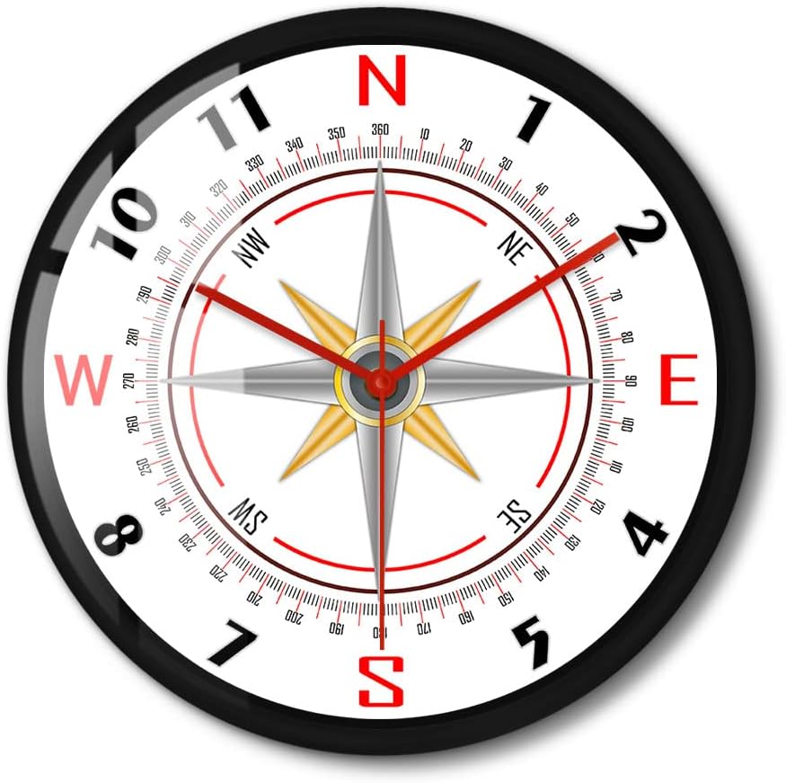 12 Inch Nautical Compass Rose Wall Clock with Metal Frame, Silent Non Ticking Battery Operated Sailor Mariner Compass Direction Analog Wall Clock for Living Room Man Cave Explorers Crew Gift