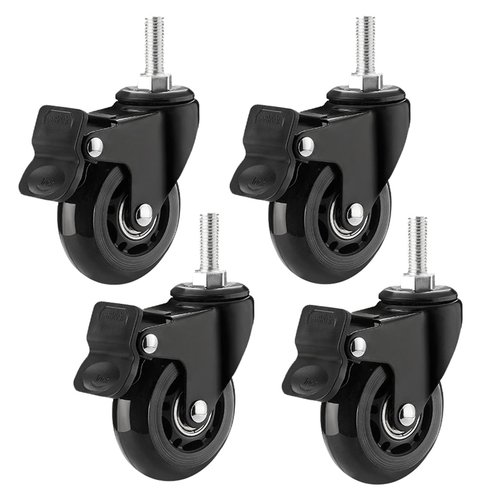 Roulettes pivotantes de remplacement de 64mm avec tige filetée et frein pour meubles x4