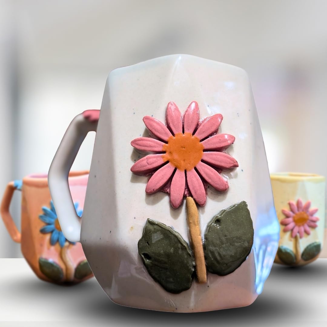 Handmade Ceramic Mug with 3D Floral Design, Pink Flower with Leaves, 10x13x9.5 cm, Artisanal Coffee Tea Cup