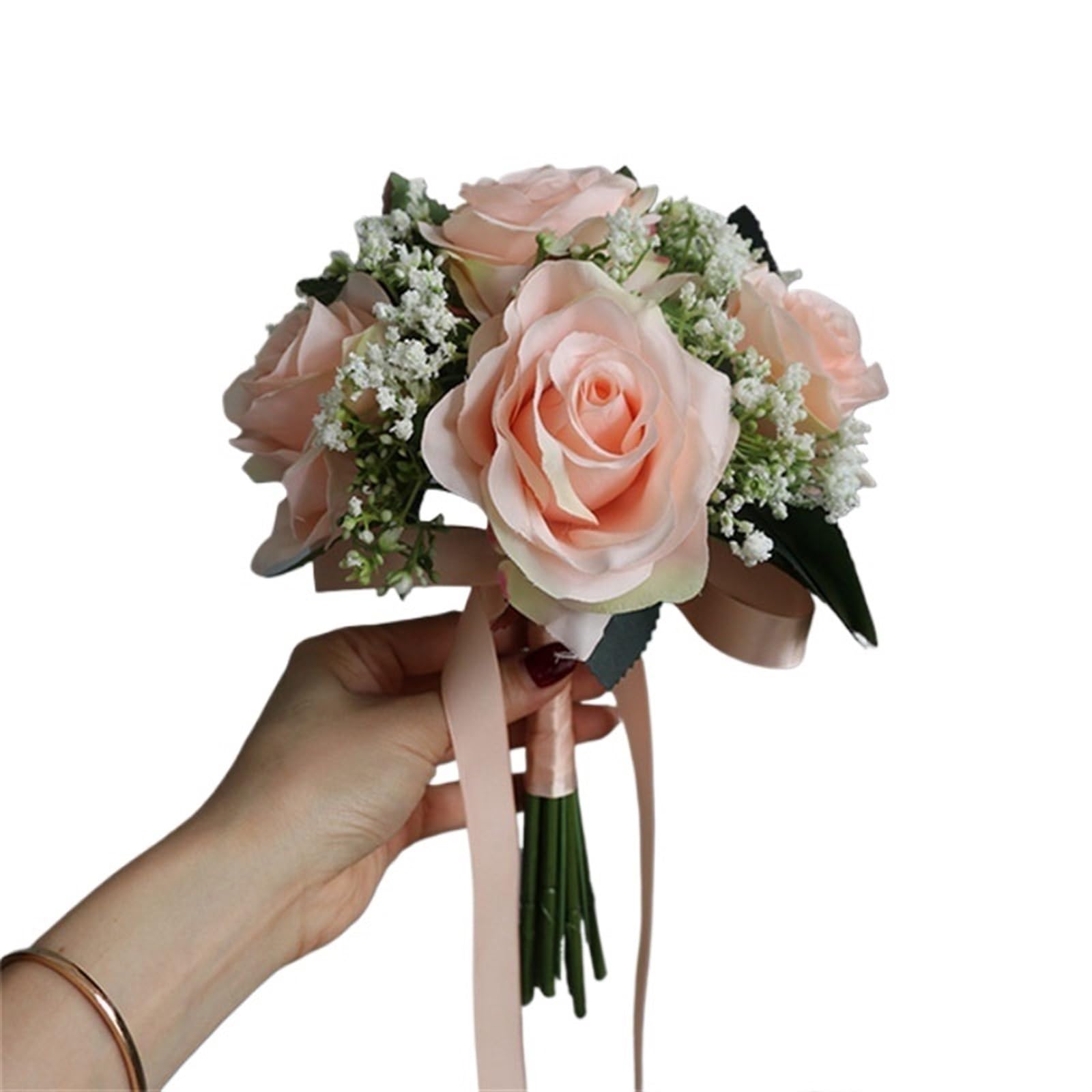 NDLHXKFRP Wedding bouquets for brides and bridesmaids, Artificial Silk Rose Bouquet Multicolor Wedding Bridal Babysbreath Decoration(Champagne)