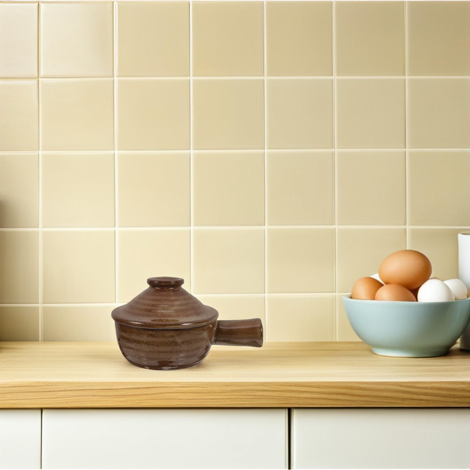 Runde Keramik-Auflaufform mit Deckel, mikrowellengeeignet, Terrakotta-Ton, Kochschüsseln für Eintopf, Suppe und Backen, Küche, Servier-Kochgeschirr für den Heimgebrauch, 2 Stück