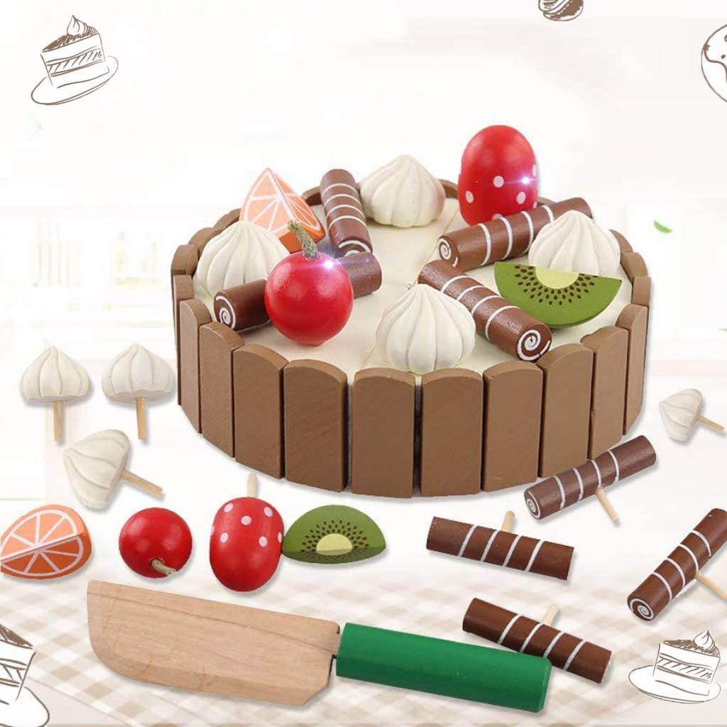 Wooden Birthday Cake Toy with Magnetic Dessert Pieces Cutting Knife Fruit Toppings Fun Kitchen Pretend Play Food Educational Cooking Set for Kids