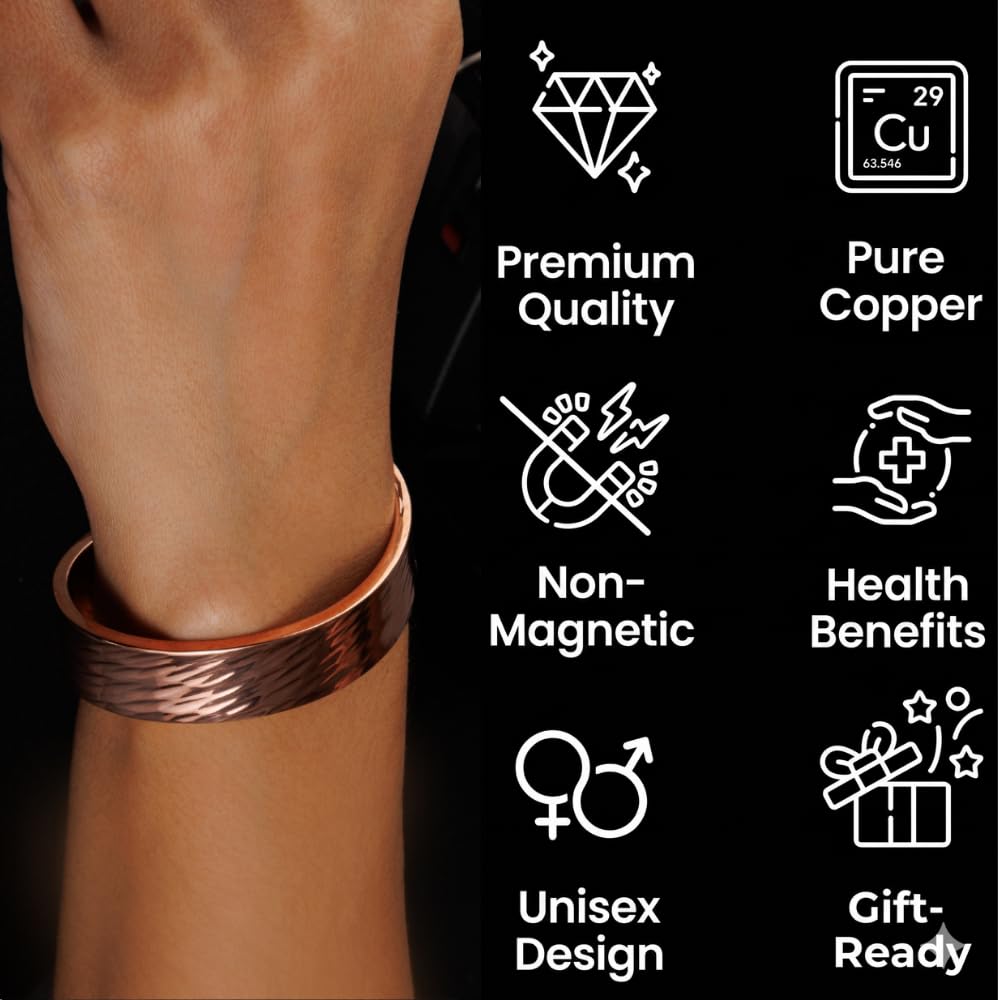 DEMMEX Bracelet en cuivre turc pur de 3 mm d'épaisseur – Solide, non revêtu, non magnétique – Cuivre de 0,3 cm d'épaisseur, le plus épais de son genre et pièce de déclaration – Automne 2024, unisexe