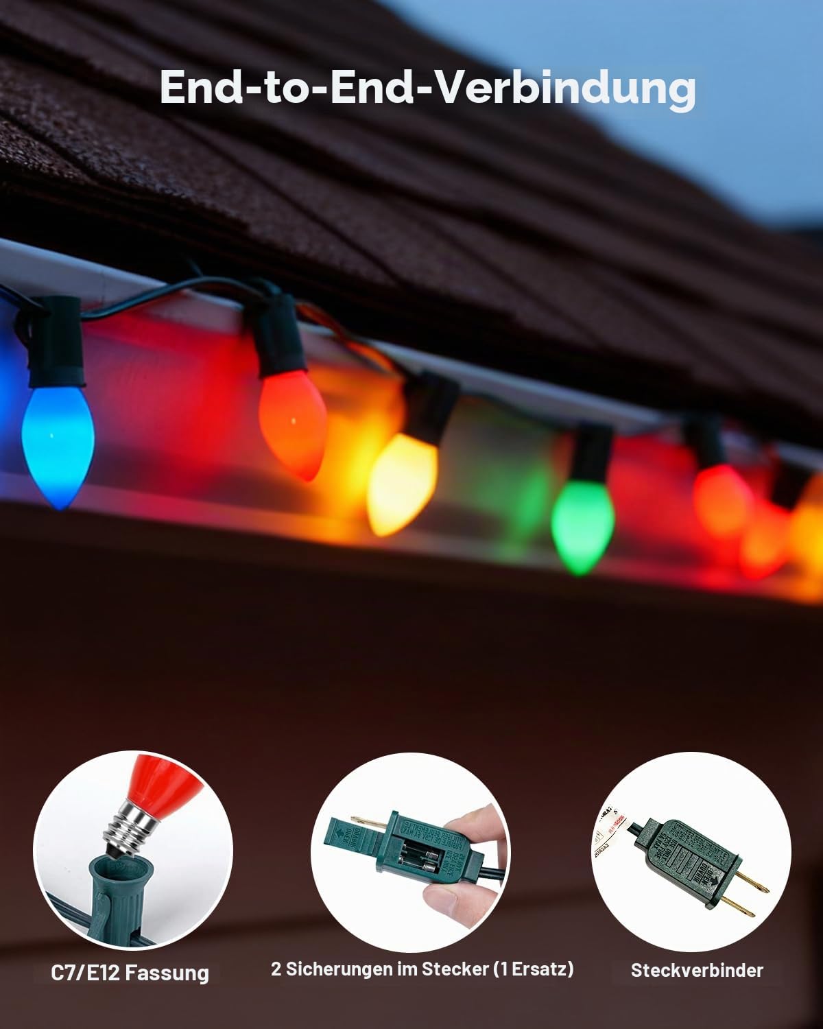 SUNSGNE Mehrfarbige Weihnachtslichterkette für den Außenbereich, C7 Vintage-Weihnachtslichterkette mit 27 mehrfarbigen Keramiklampen (2 Ersatz) für Feiertage, Weihnachten, Abschlussball, Party