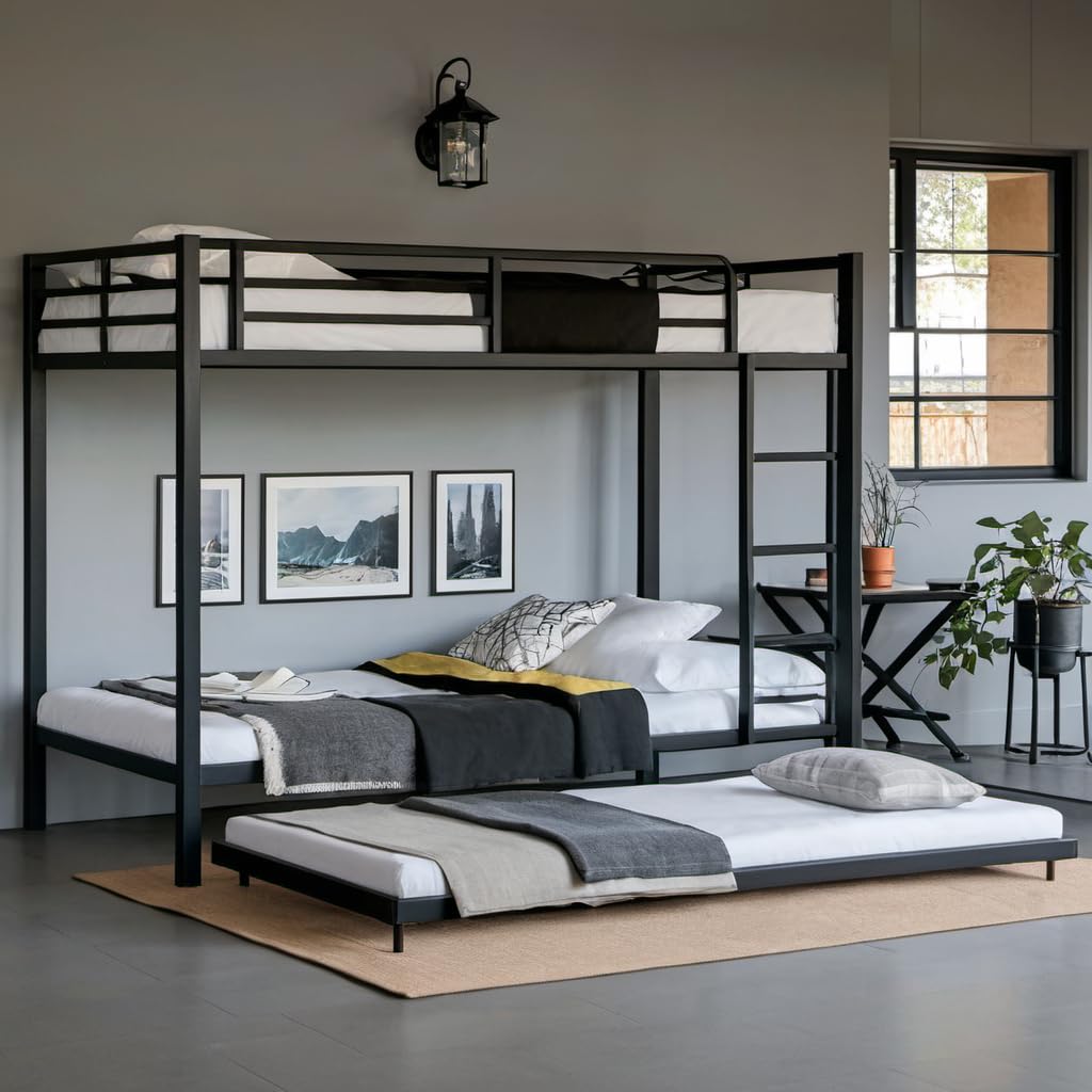 Twin Over Twin Bunk Bed with Trundle,Metal Bed Frame with Full-Length Guardrails & Ladder,Easy to Assemble,Space Saving, Black