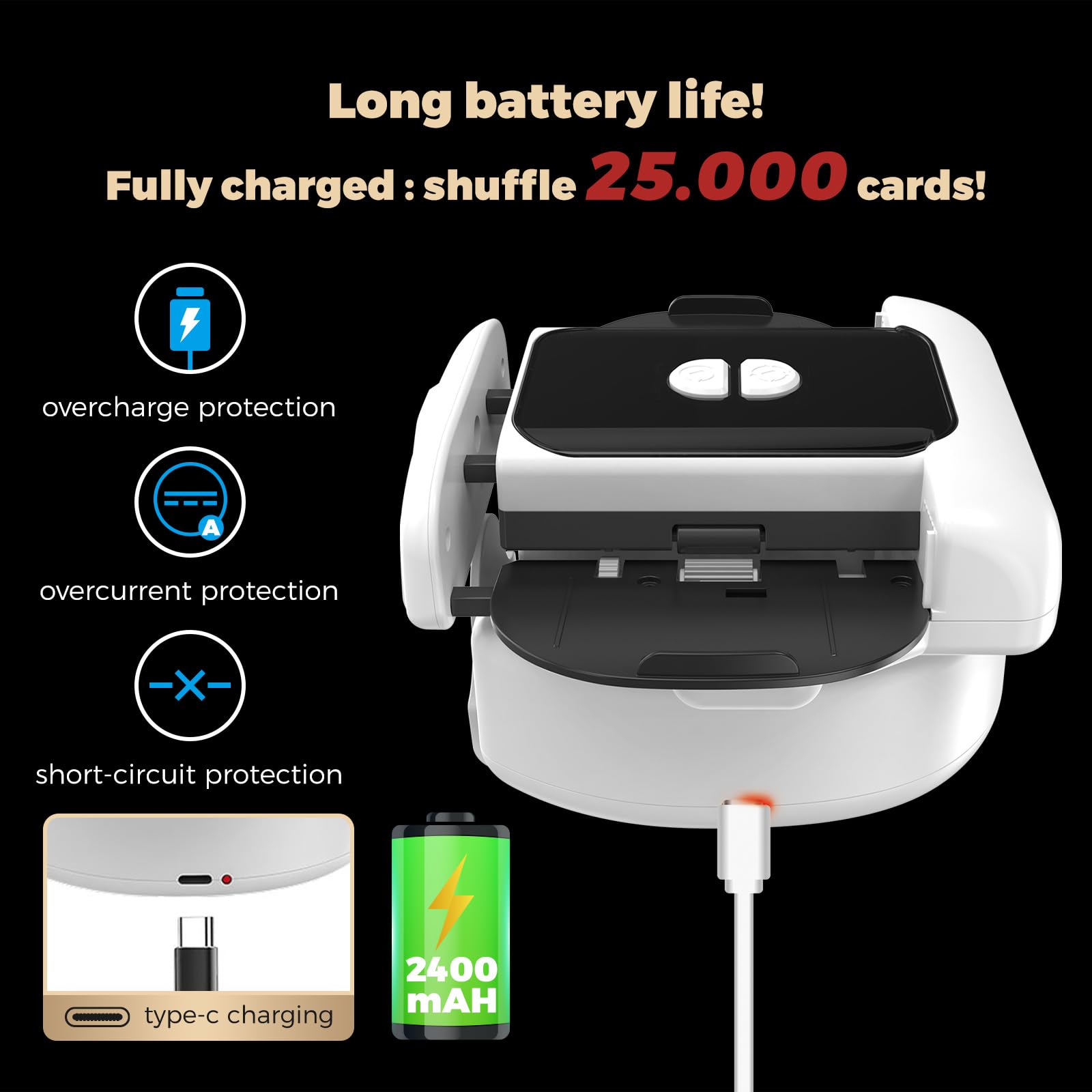 Shuffler automatico di carte, 2 modalità di funzionamento, ricaricabile con batteria a lunga durata, silenzioso, per UNO, Poker, carte Blackjack, nero (bianco e nero)