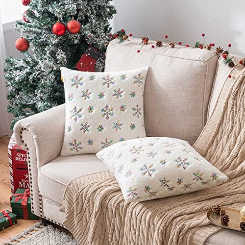 Fouriding Christmas Snowflake Cushion Covers,Colorful Snowflake Plush Embroidery Pillowcase 18 x18 Inch Christmas Square Pillow Cases for Sofa Couch Christmas Decorations