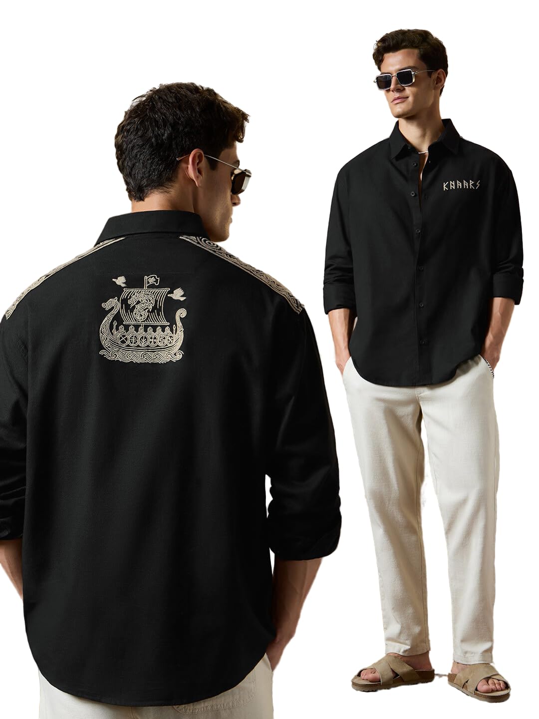 the souled store Vikings: Knarr Men and Boys Long Sleeves Collared Black Embroidered Cotton Casual Urban Everyday Trendy Fancy Relaxed Shirt-picture-15