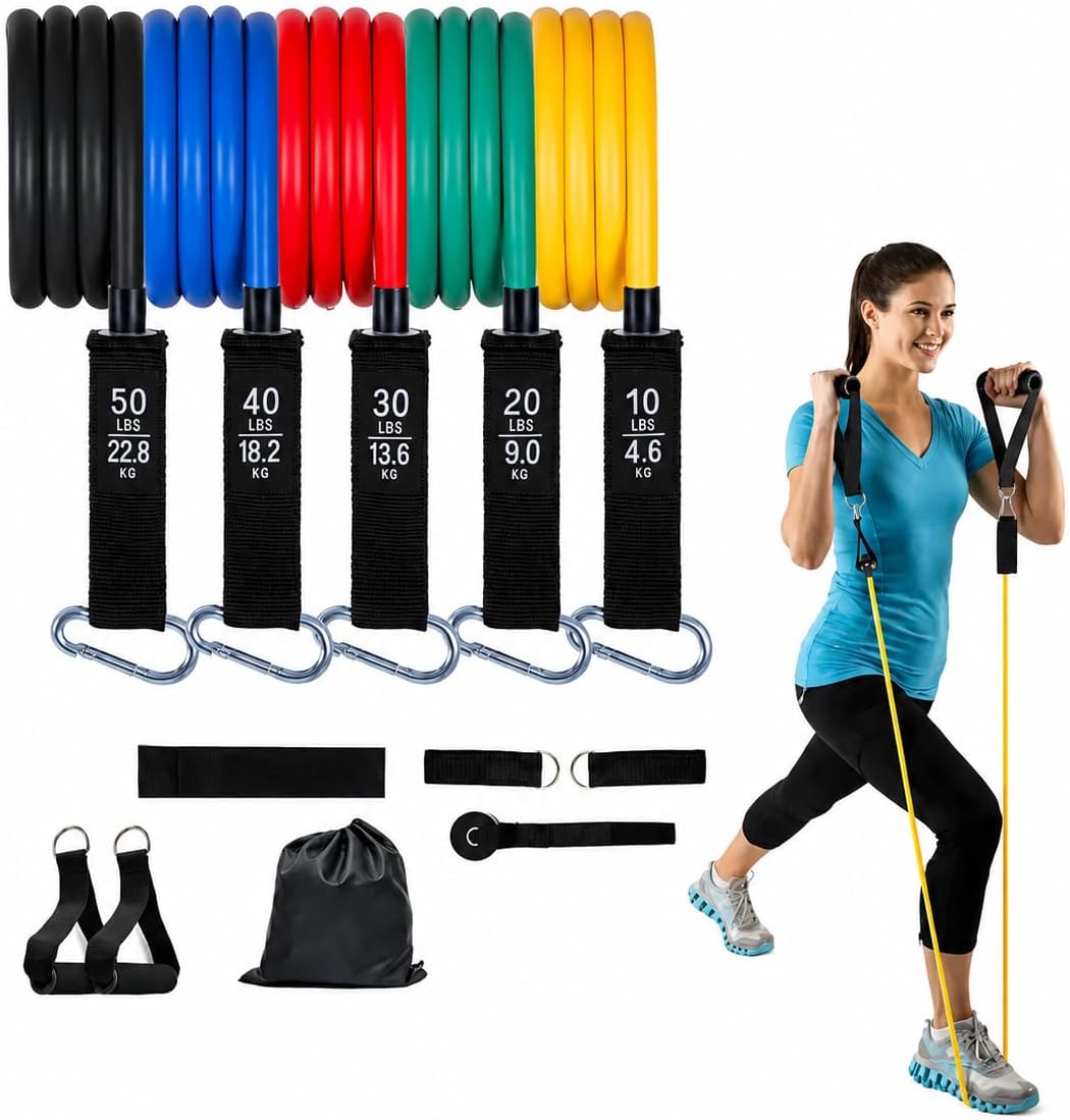150LBS Resistance Bands Set | 5 Stackable Exercise Bands with Handles, Door Anchor & Ankle Straps | Home Gym Workout Equipment for Men & Women