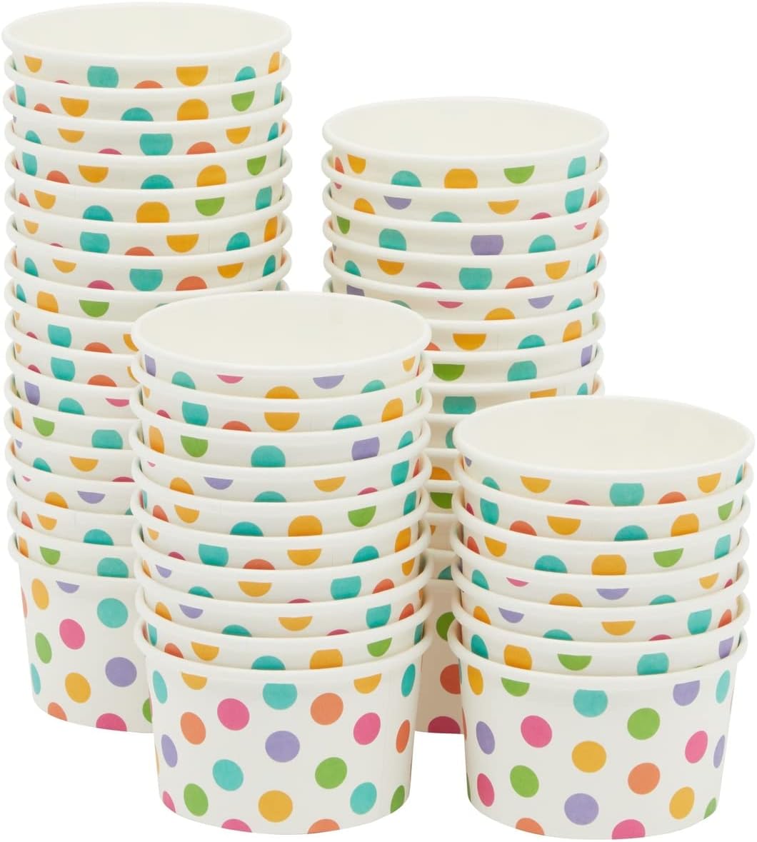 50 Pack Rainbow Polka Dot Paper Ice Cream Cups, Dessert Bowls for Sundae Bar, Frozen Yogurt (8 oz)