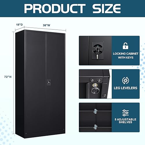 Miniatura 9 de MIIIKO Gabinete de almacenamiento con cerradura, pequeño gabinete de garaje de metal con puertas y estantes, 35.4 "armarios de armario de base de