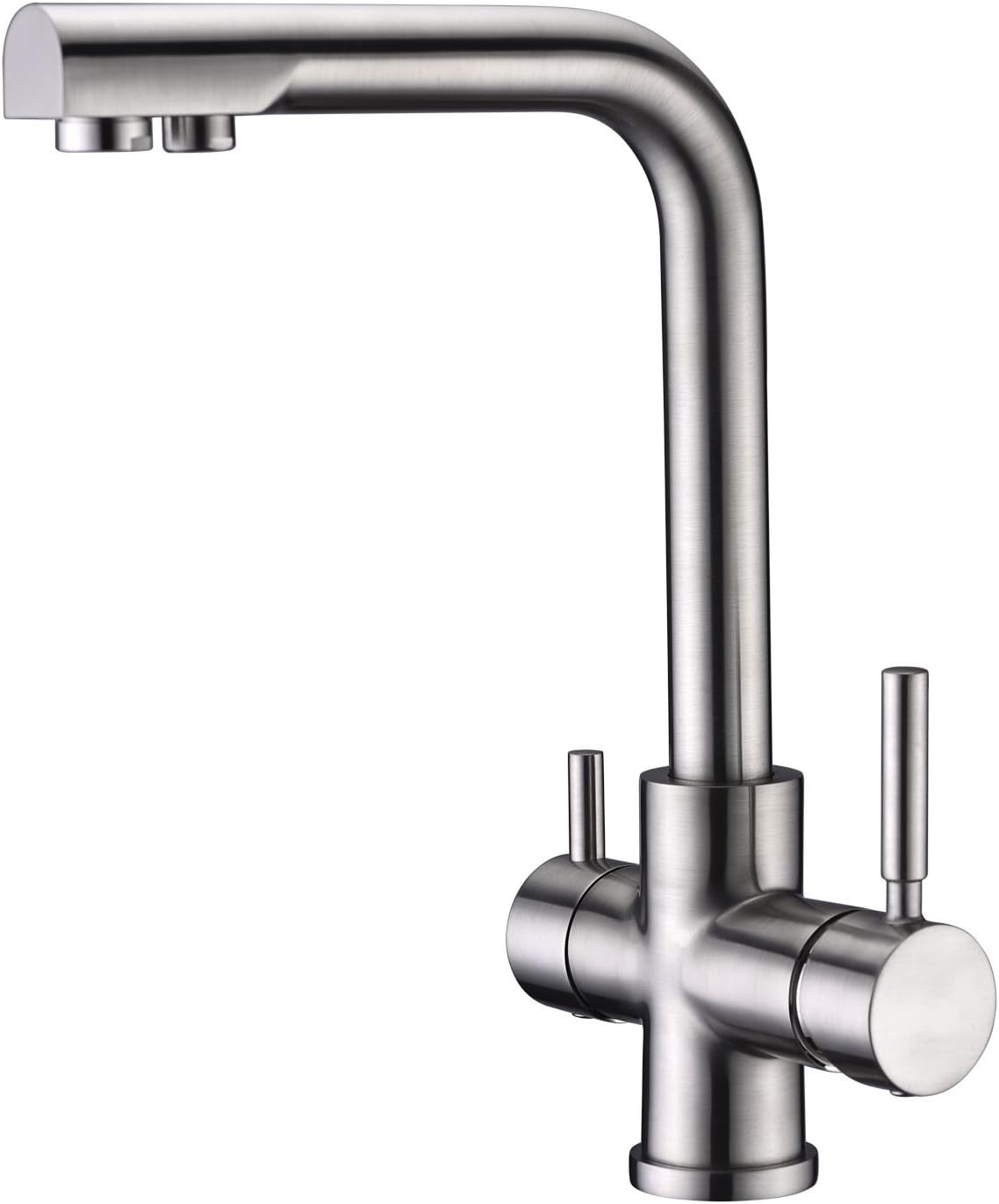 3 Way Water Filter Tap Kitchen Drinking Taps Sink Mixer Brass Swivel Spout with 2 Handles, Brushed Nickel