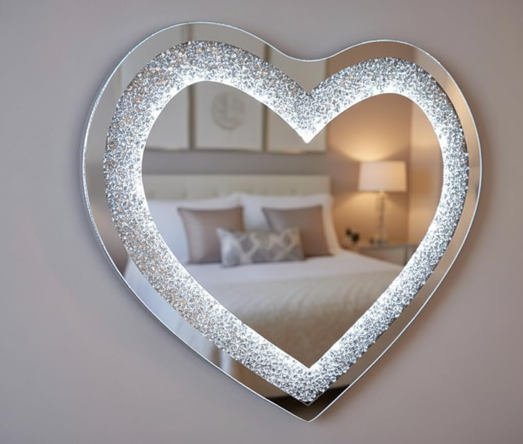 Biznest Light 80X70cm Led Heart Shape Sparkly Crushed Crystal Diamante Bling Wall Mirror