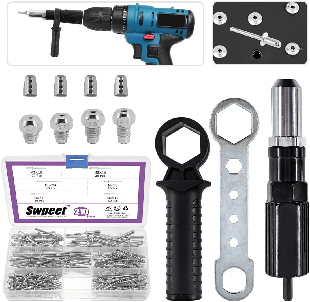 Swpeet 211Pcs Black Alloy Steel Electric Rivet Gun Adapter Kit, Including 2.4/3.2/4.0/4.8mm Diameter Rivet Head and Handle Wrench with 500Pcs Aluminum Blind Rivet Kit