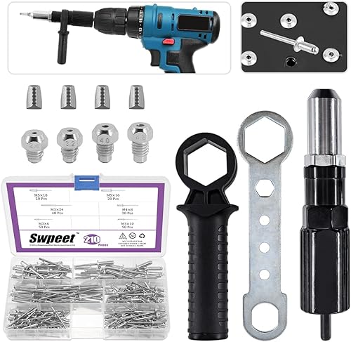 Swpeet Juego de 211 adaptadores de pistola de remache eléctrica de acero de aleación negra, incluye cabezal de remache y llave de mango