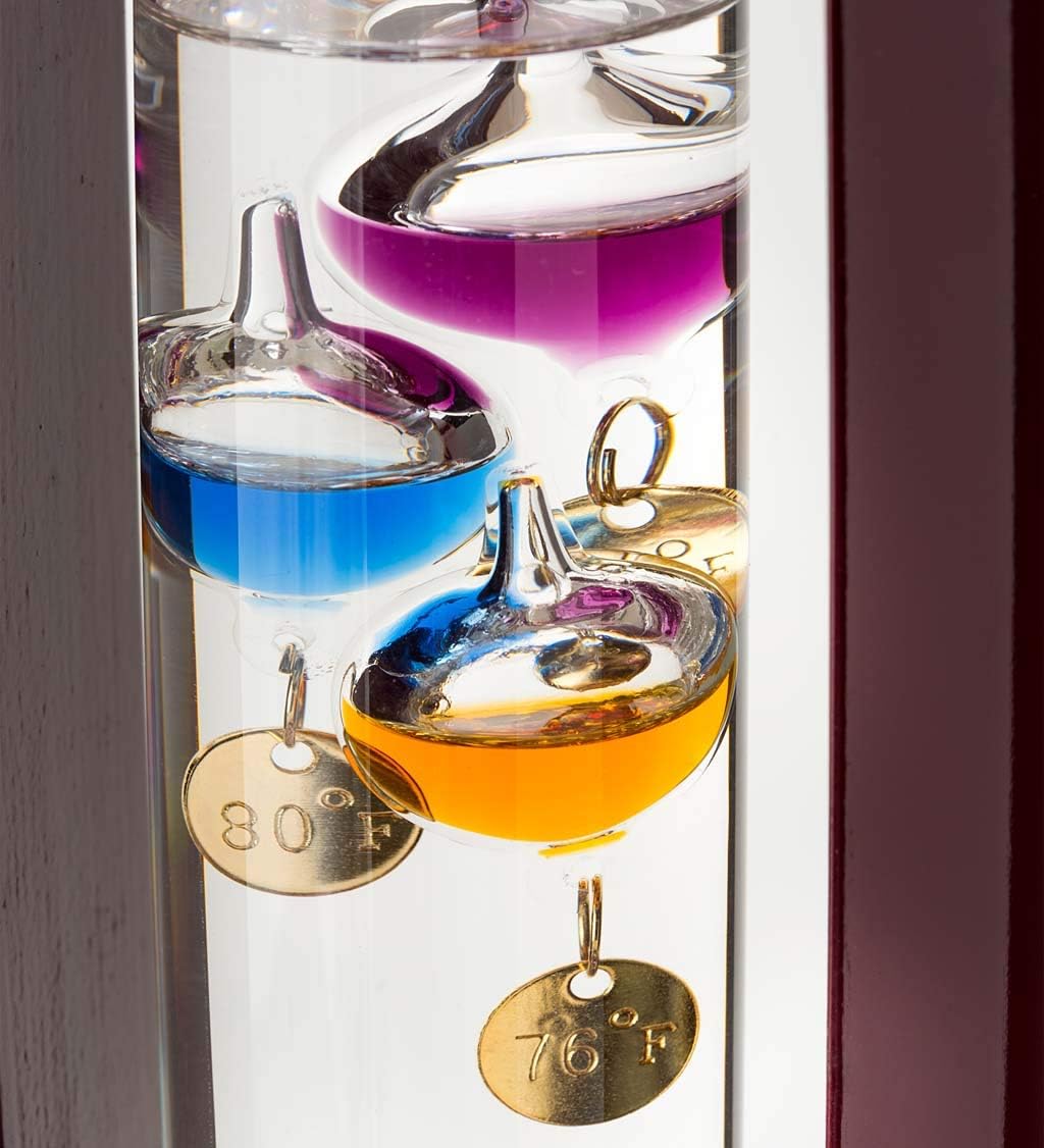 Galileo Glass Thermometer | 14.5-Inches Tall with Cherry Wood Frame | Law of Physics | Indoor Room Temperature for Home House Office Desk Counter Tabletop | Holiday Gift Present
