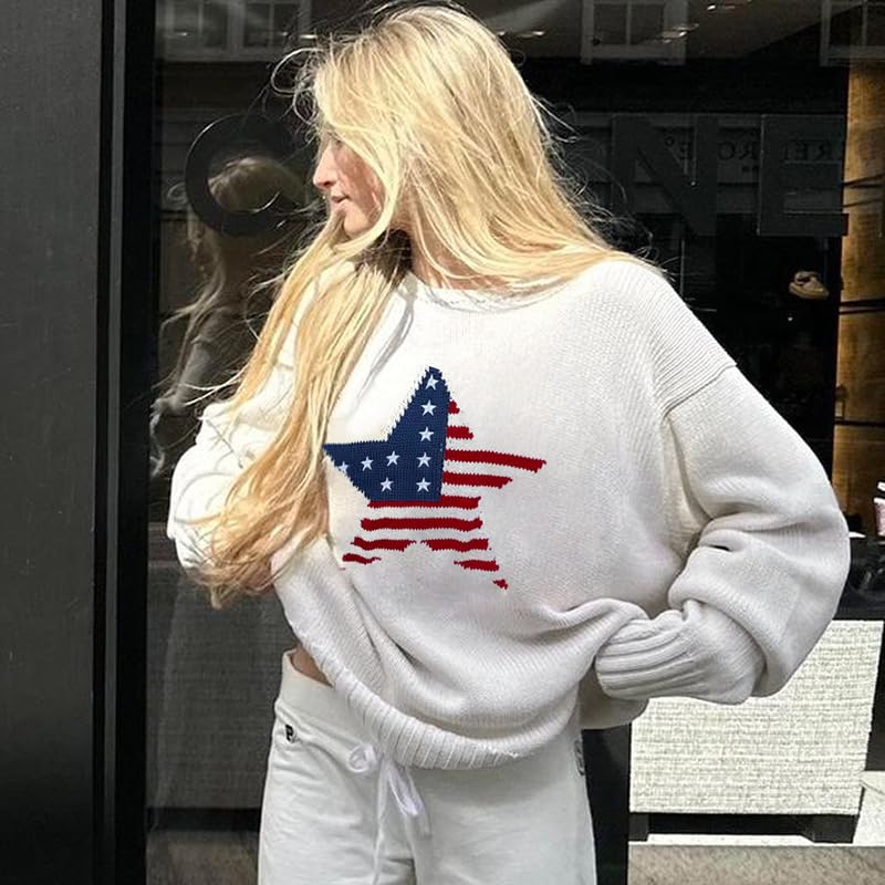 Women's American Flag Star Knit Sweater, Casual Loose Long Sleeve Pullover Sweater3